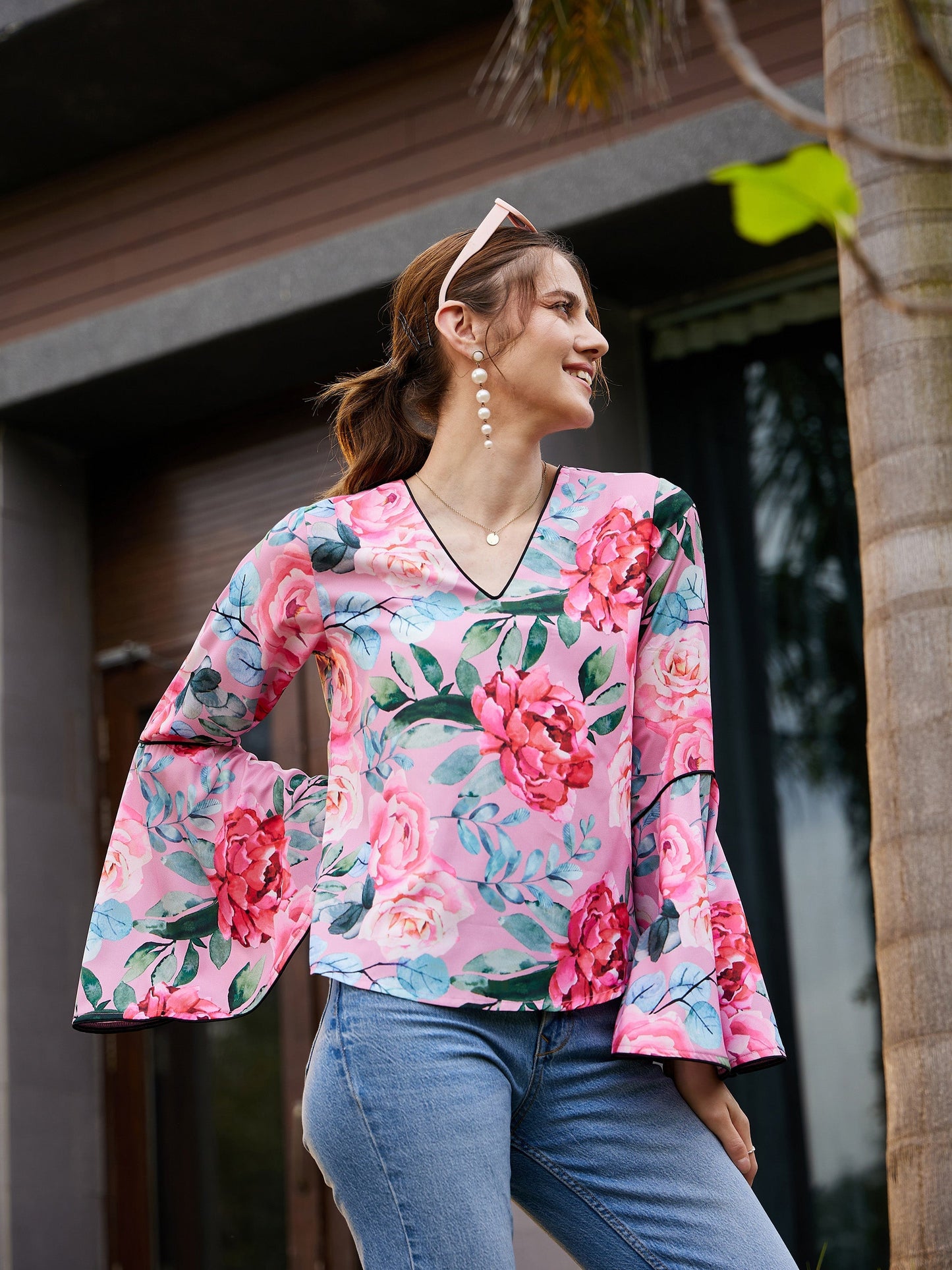 Women Rose Floral Bell Sleeves Regular Top