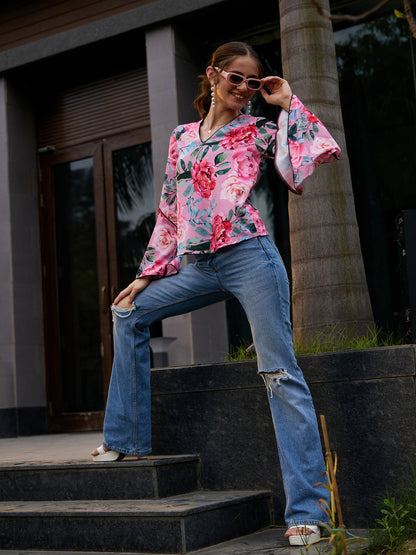 Women Rose Floral Bell Sleeves Regular Top