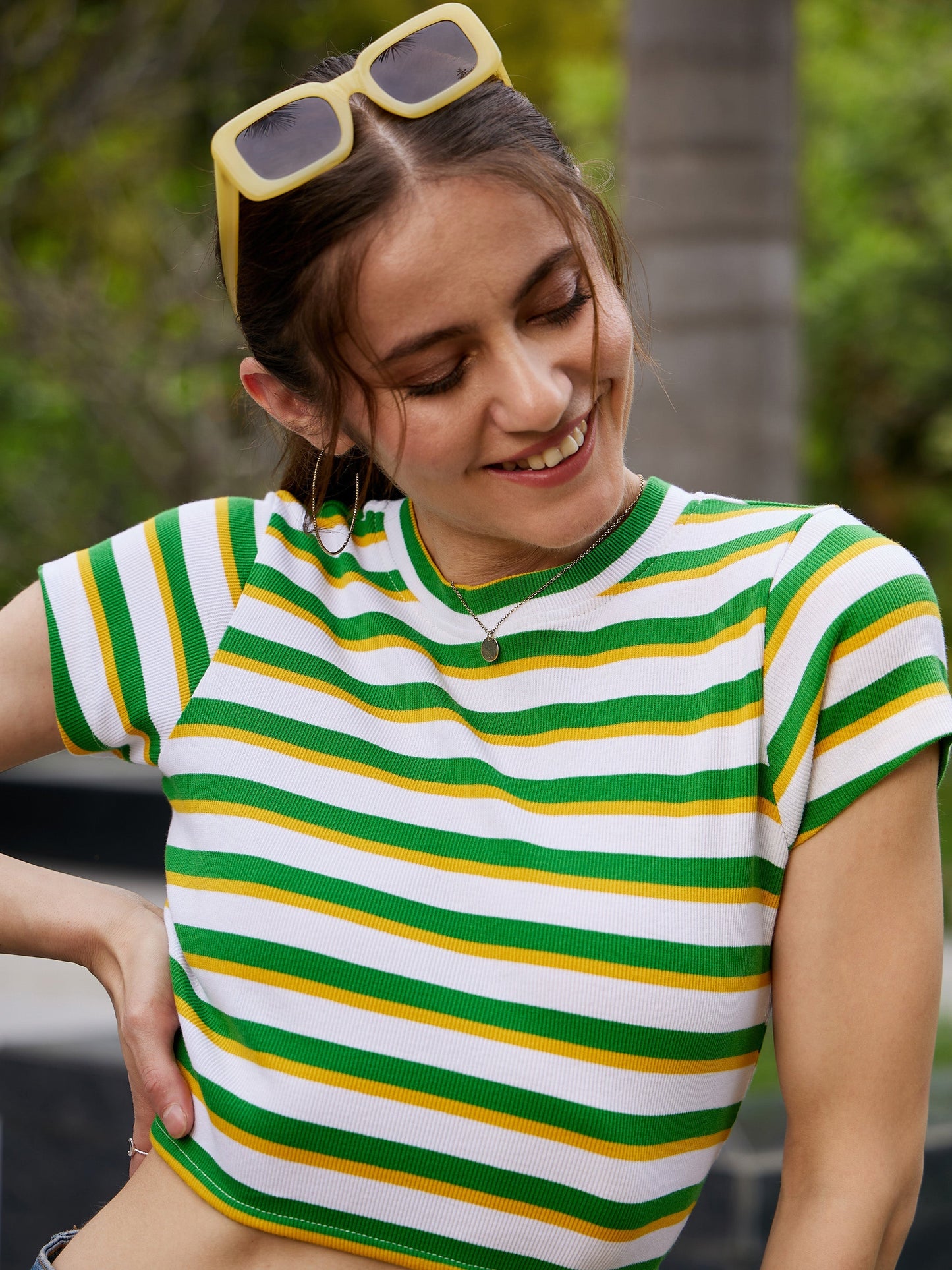 White & Green Striped Back Cut Out Rib Crop Top