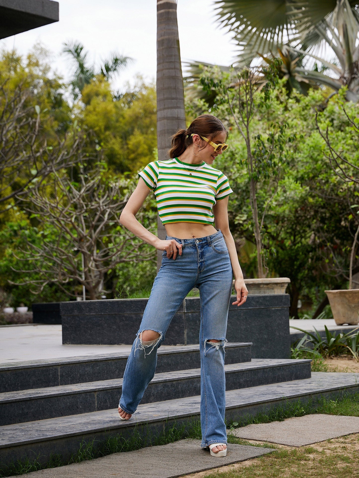 White & Green Striped Back Cut Out Rib Crop Top