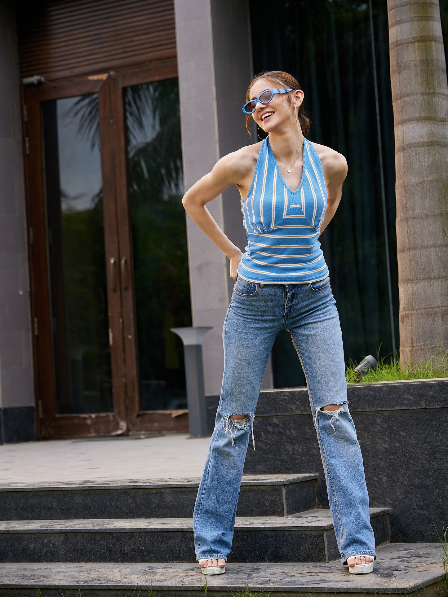 Blue & White Striped Halter Neck Rib Crop Top