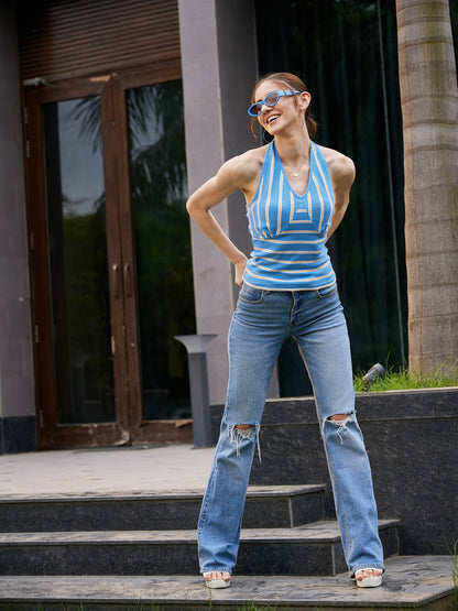 Blue & White Striped Halter Neck Rib Crop Top