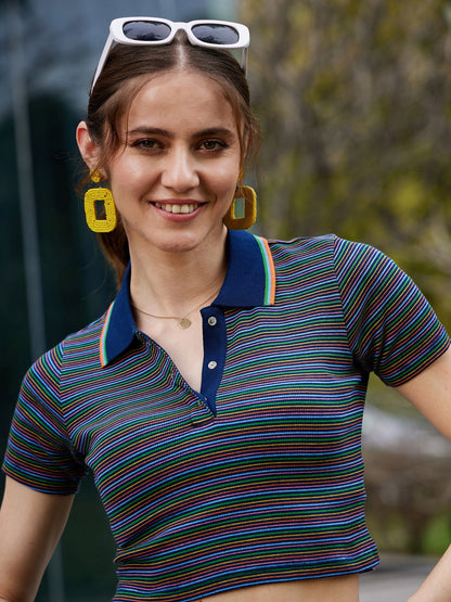 Navy Multi Striped Polo Neck Rib Crop Top