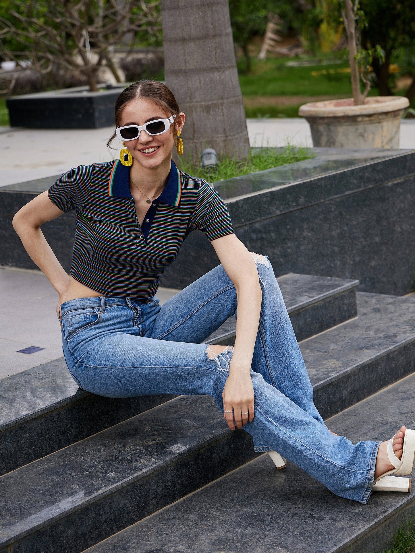 Navy Multi Striped Polo Neck Rib Crop Top
