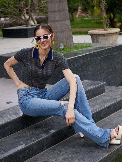 Navy Multi Striped Polo Neck Rib Crop Top