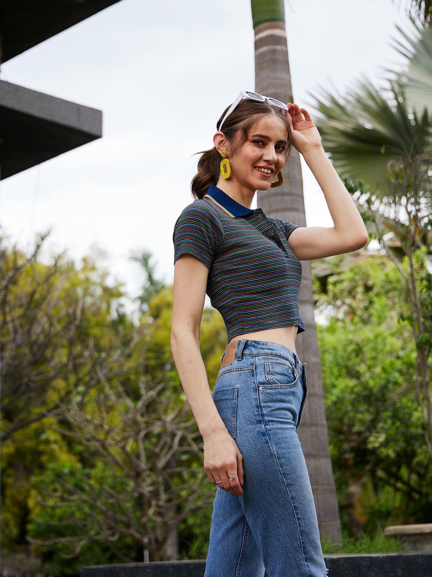 Navy Multi Striped Polo Neck Rib Crop Top