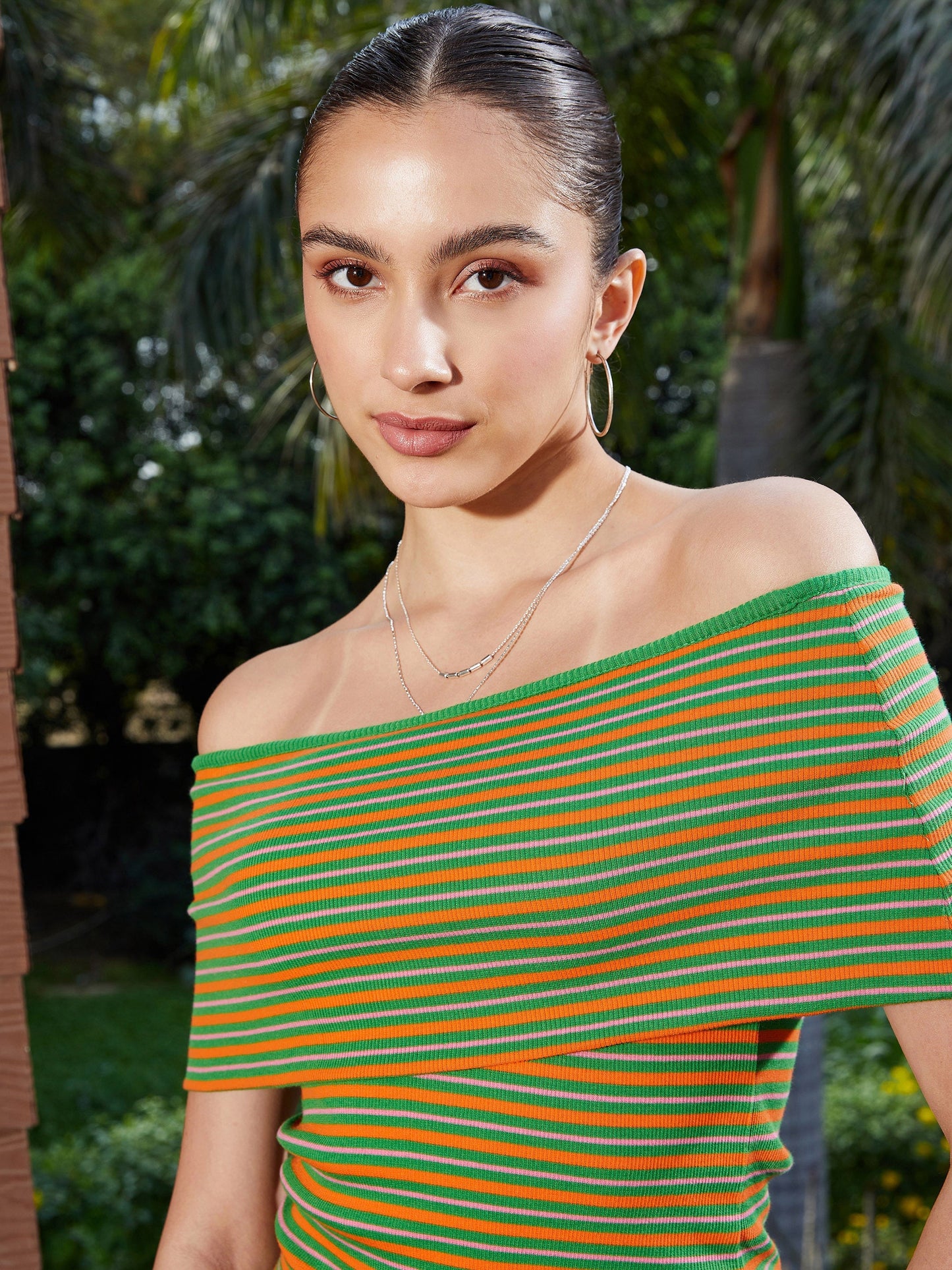 Green & Orange Striped Off Shoulder Rib Regular Top