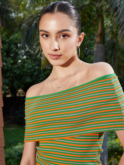 Green & Orange Striped Off Shoulder Rib Regular Top