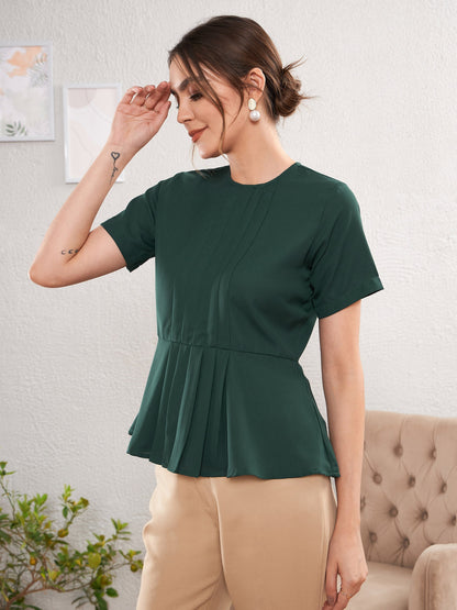 Emerald Green Front Pleated Peplum Top