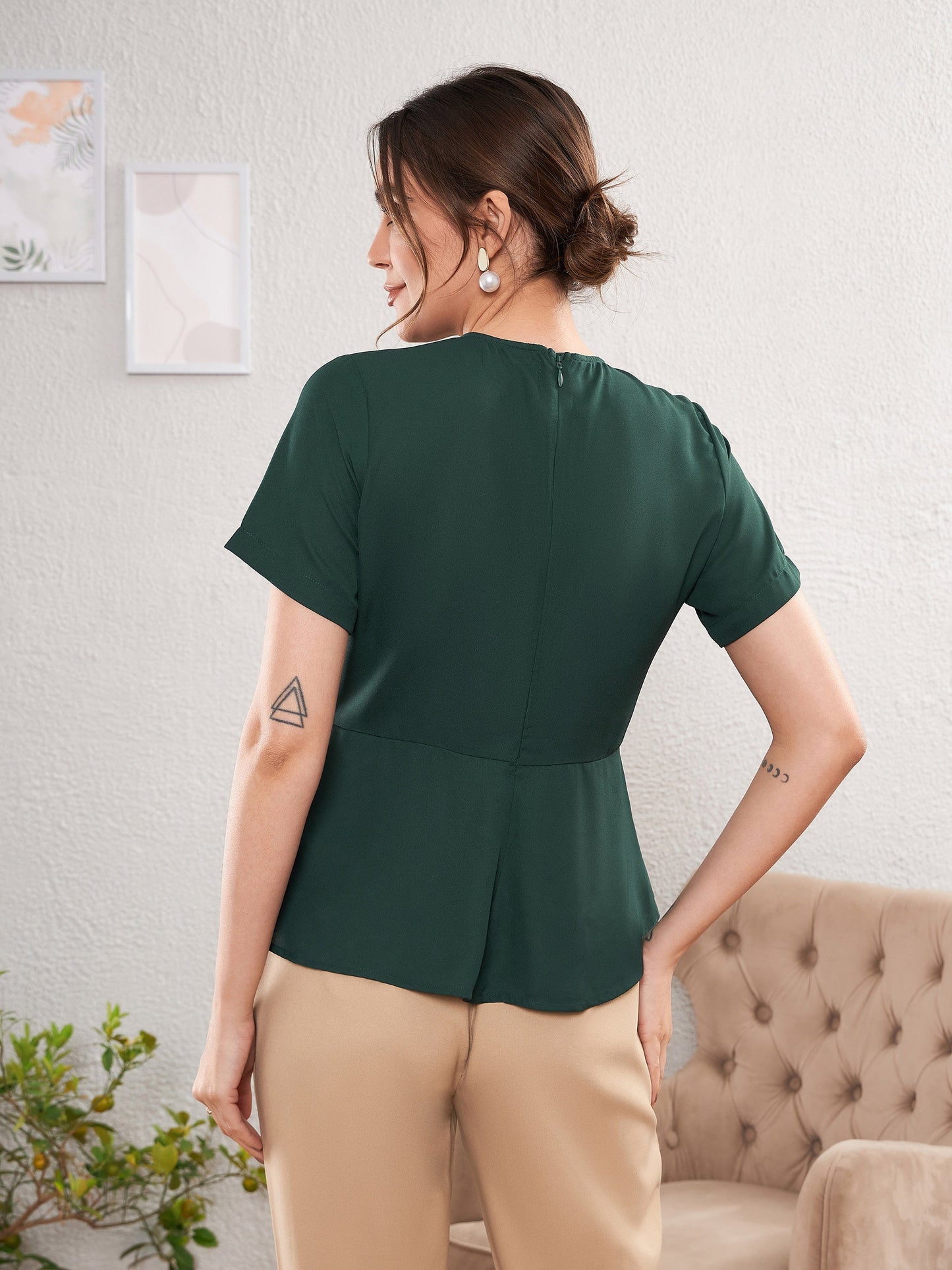 Emerald Green Front Pleated Peplum Top