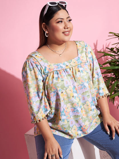 Green Floral Square Neck Top
