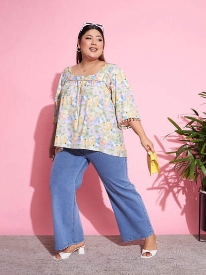 Green Floral Square Neck Top