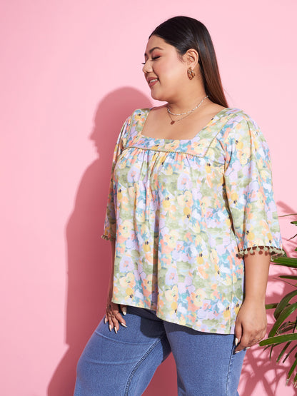 Green Floral Square Neck Top