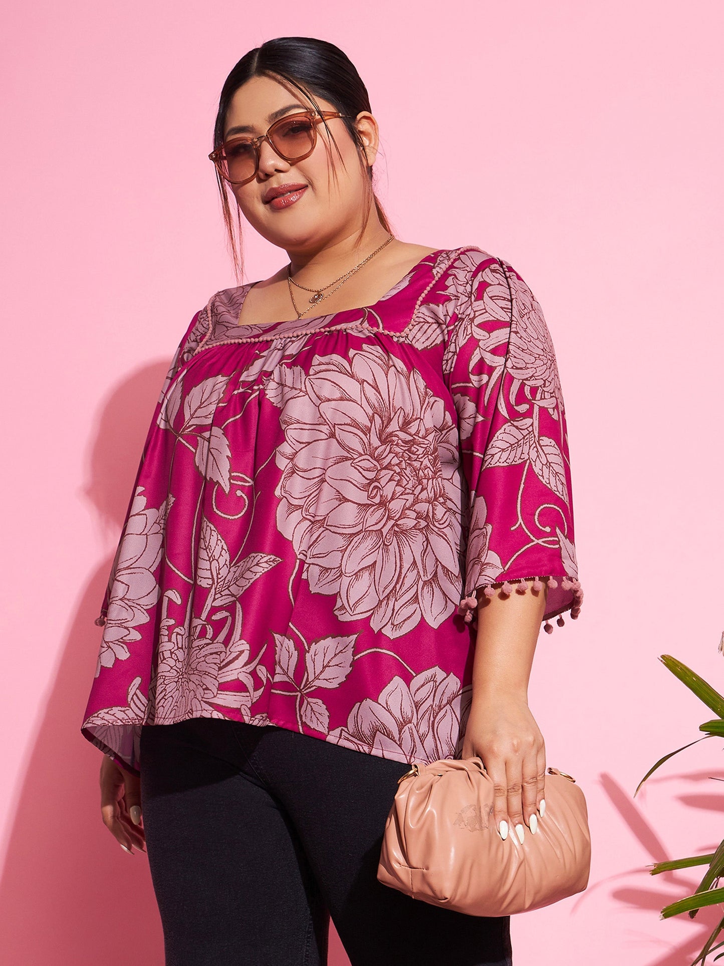 Magenta Floral Square Neck Top