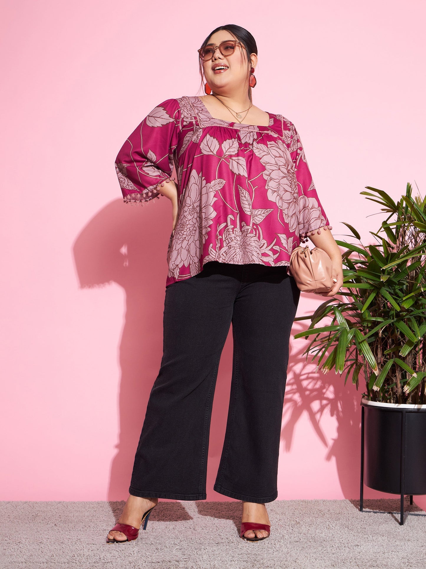 Magenta Floral Square Neck Top