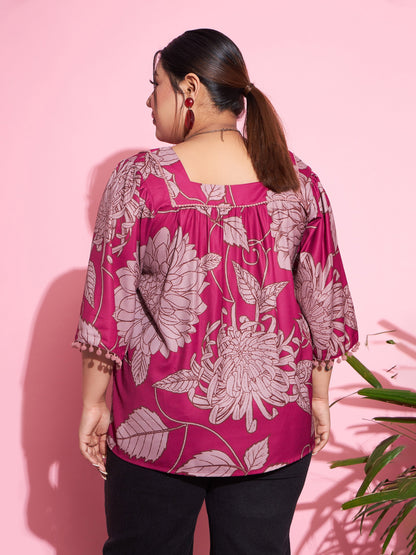 Magenta Floral Square Neck Top