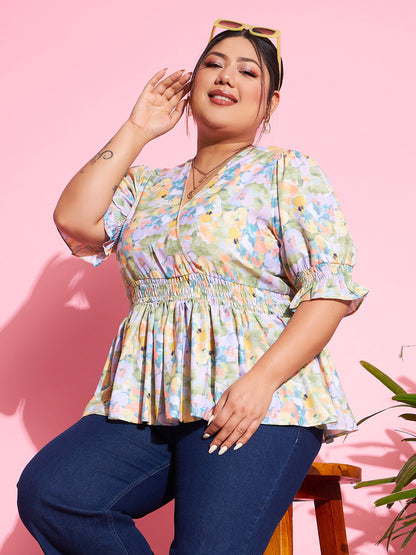 Green Floral Smocked Sleeve Peplum Top