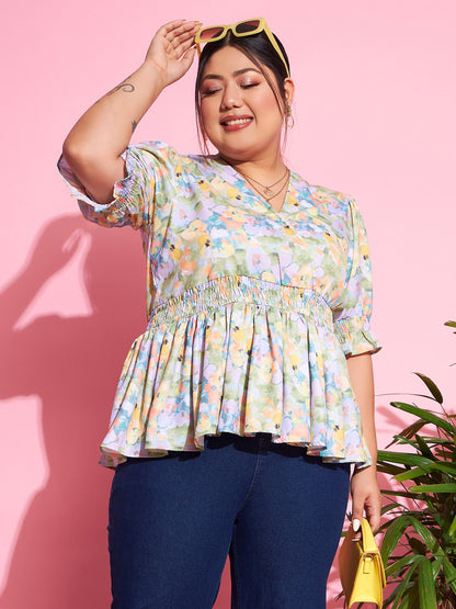 Green Floral Smocked Sleeve Peplum Top