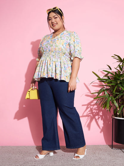Green Floral Smocked Sleeve Peplum Top