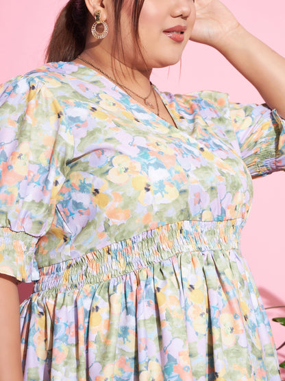 Green Floral Smocked Sleeve Peplum Top