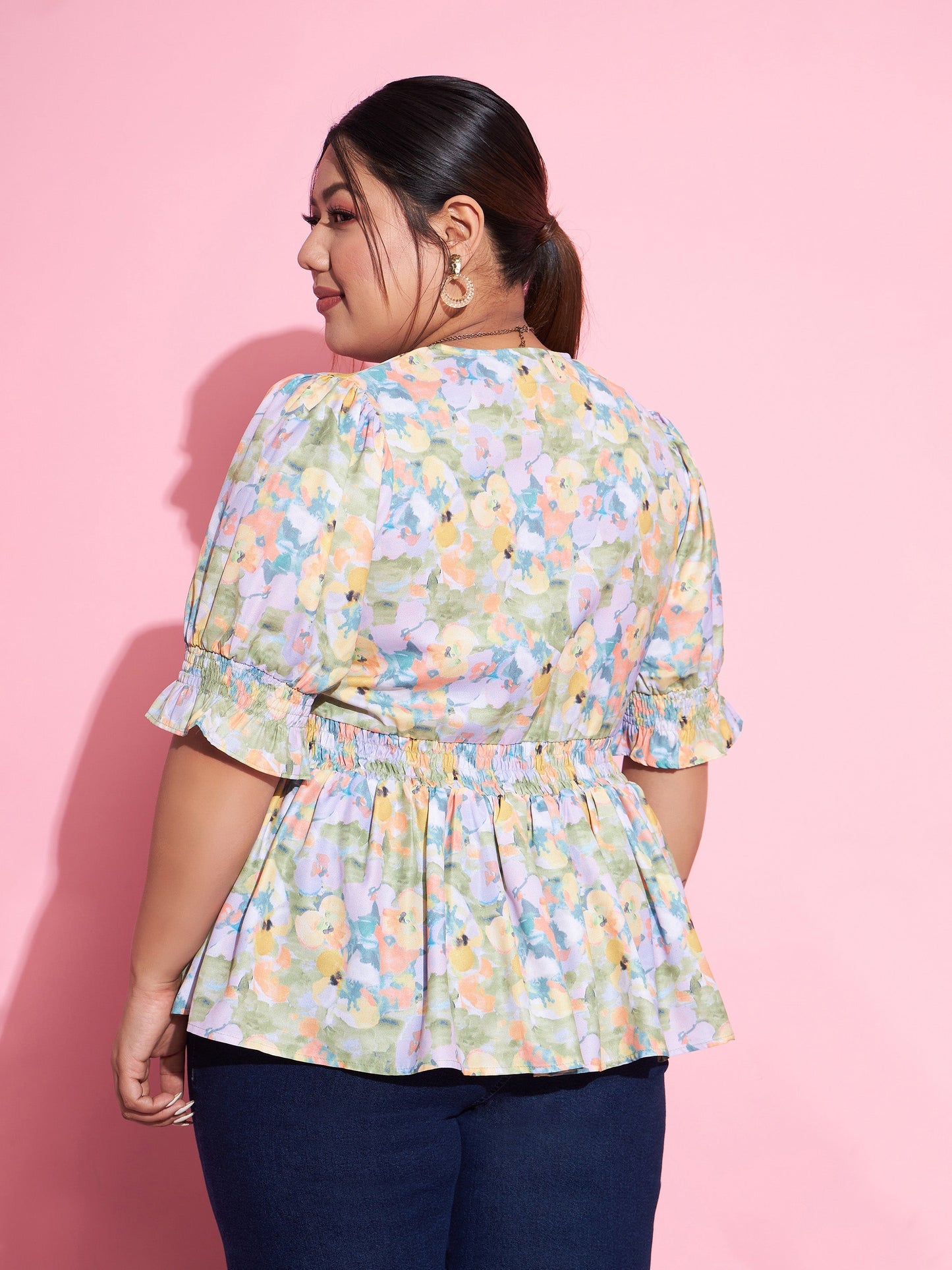 Green Floral Smocked Sleeve Peplum Top