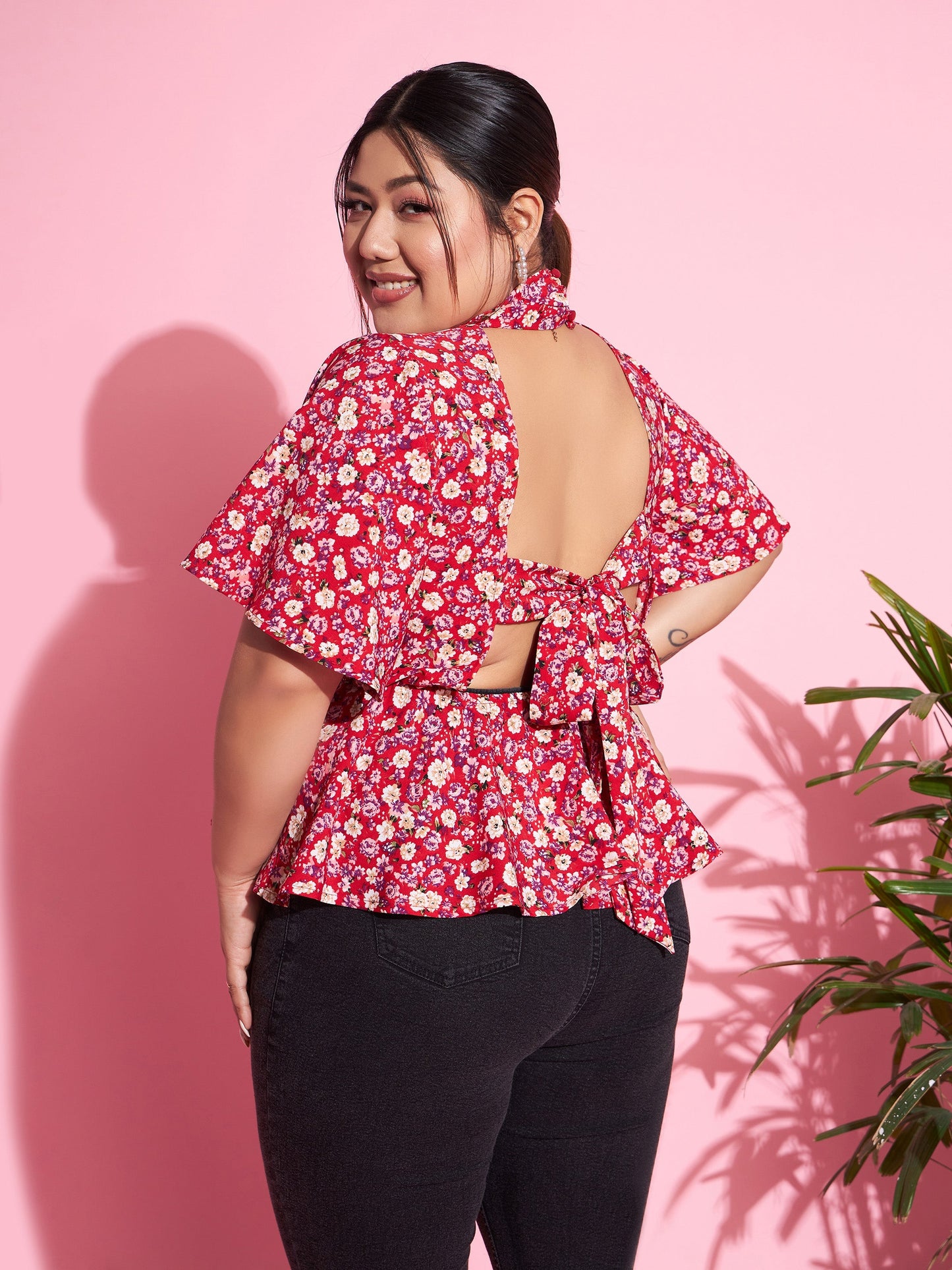 Red Floral Back Tie-up Top