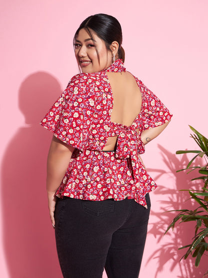 Red Floral Back Tie-up Top