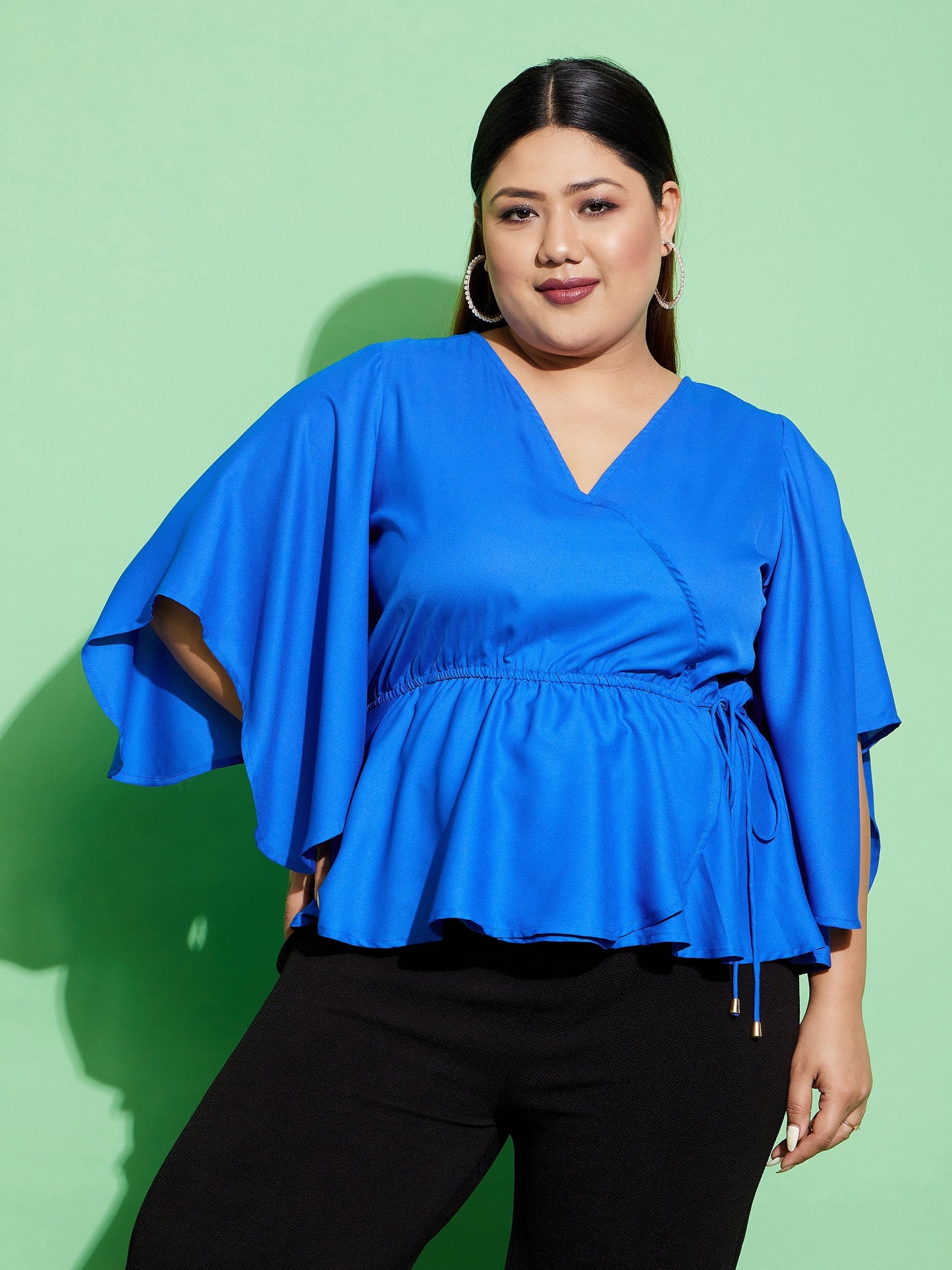Royal Blue Short Frill Sleeves Wrap Top