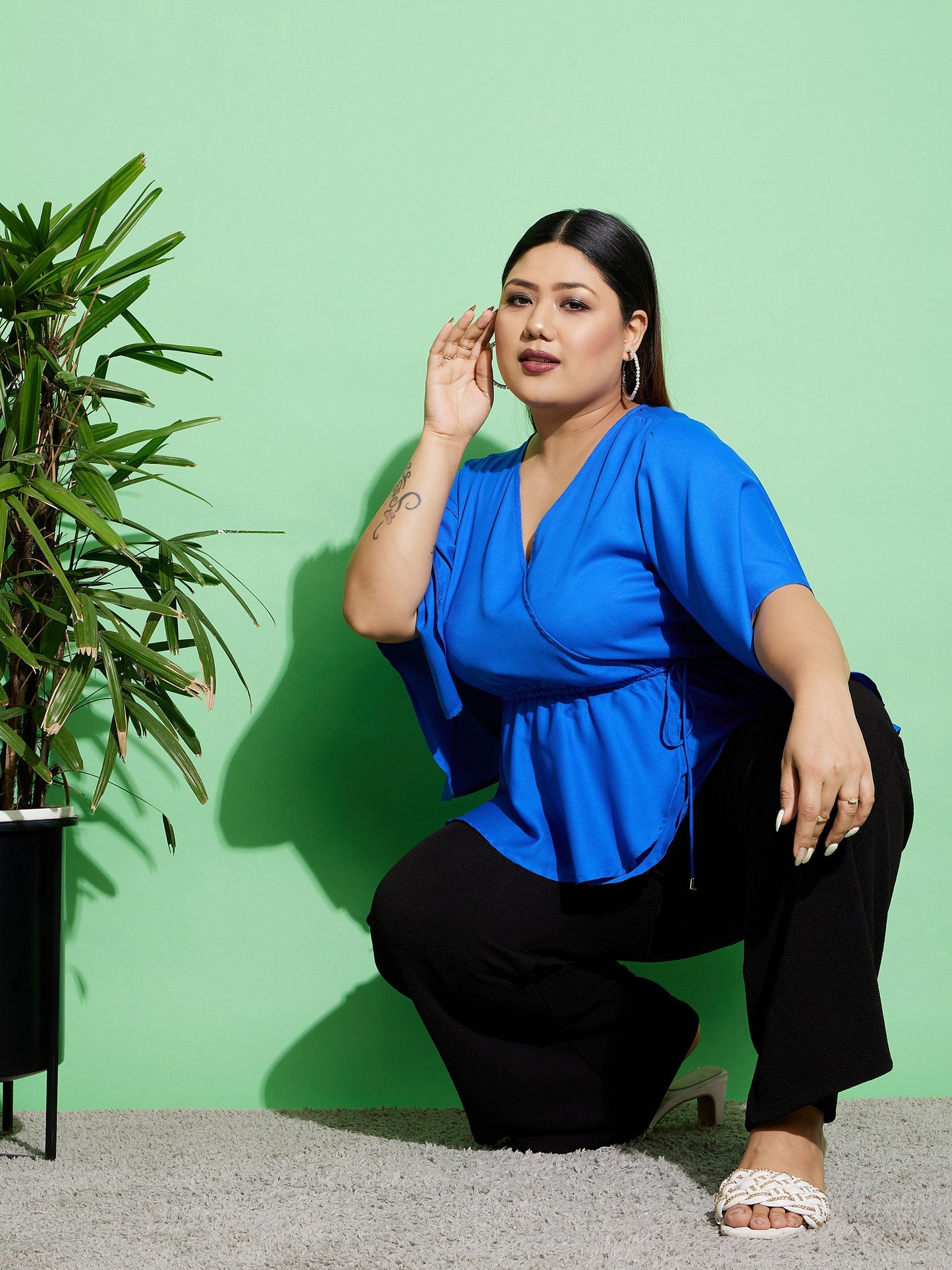 Royal Blue Short Frill Sleeves Wrap Top