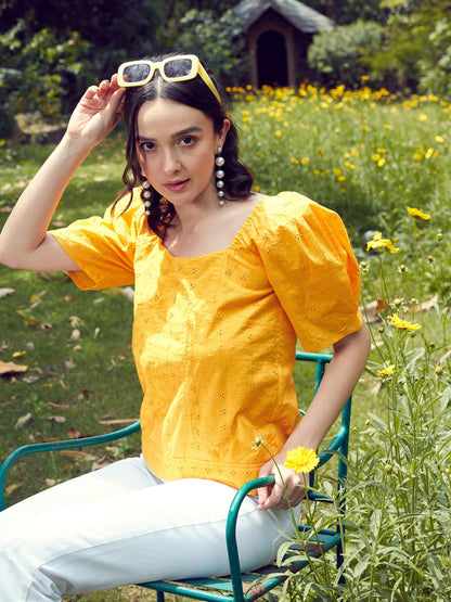 Women Mustard Schiffli Square Neck Smoked Top