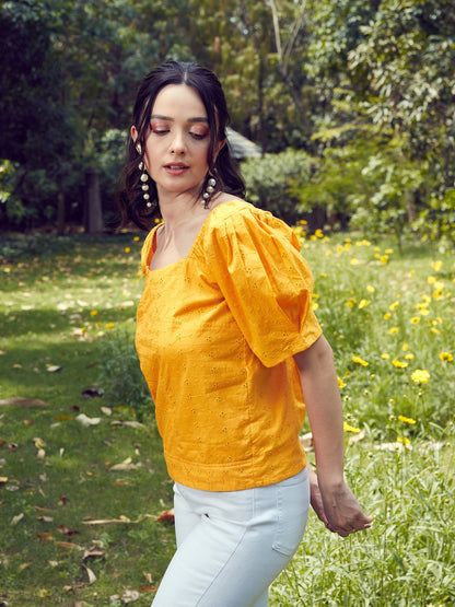 Women Mustard Schiffli Square Neck Smoked Top