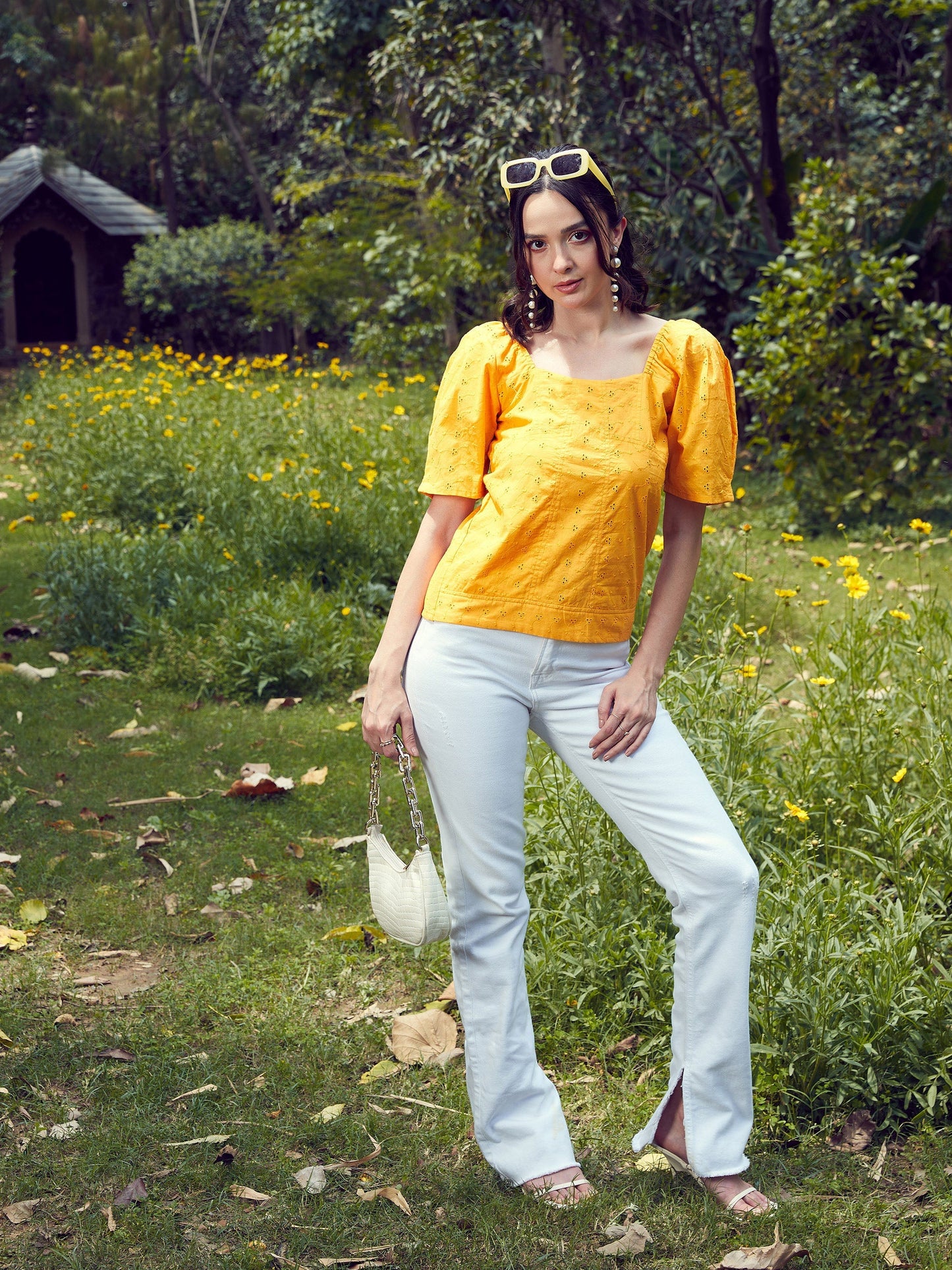 Women Mustard Schiffli Square Neck Smoked Top