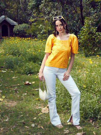 Women Mustard Schiffli Square Neck Smoked Top