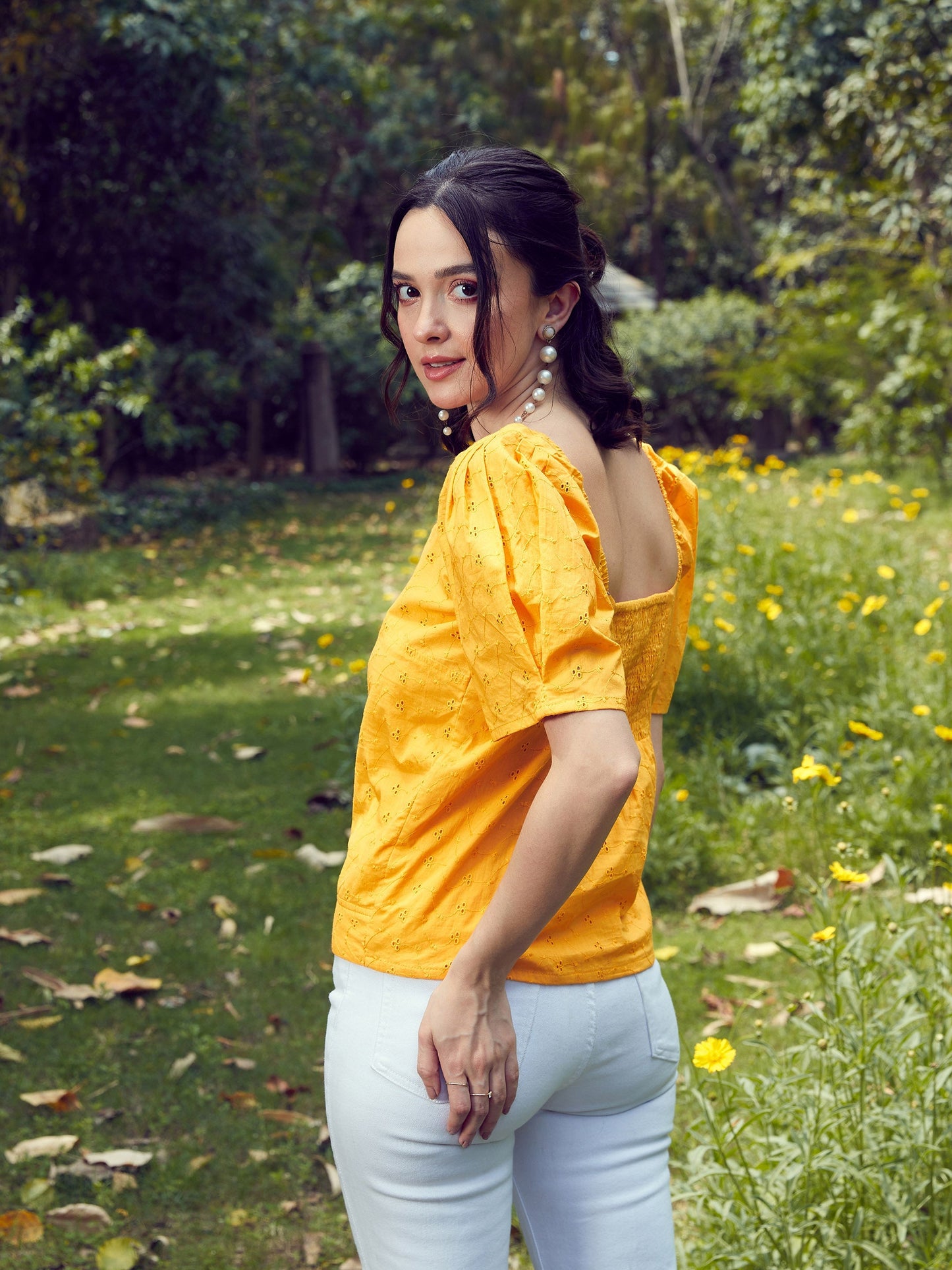 Women Mustard Schiffli Square Neck Smoked Top