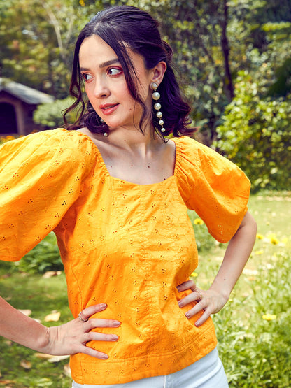 Women Mustard Schiffli Square Neck Smoked Top