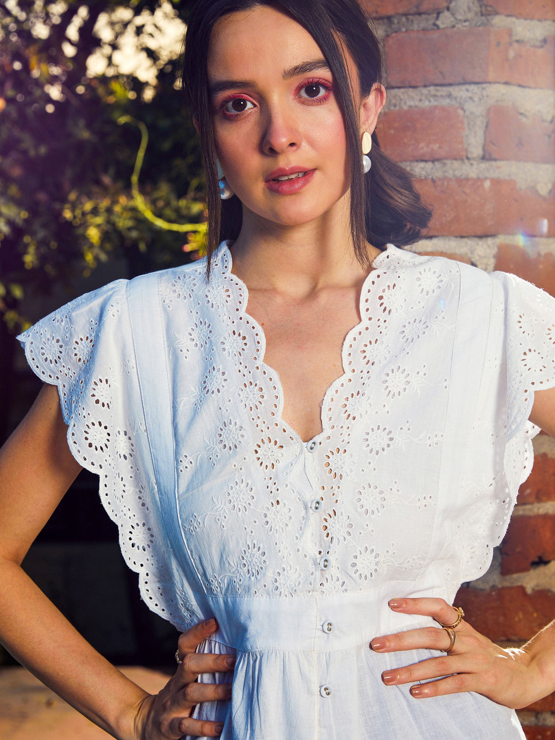 Women's Women White Schiffli V-Neck Top in Cotton by Sassafras for wholesale, bulk, supplier, manufacturer and wholesaler buyers from Trendphoria