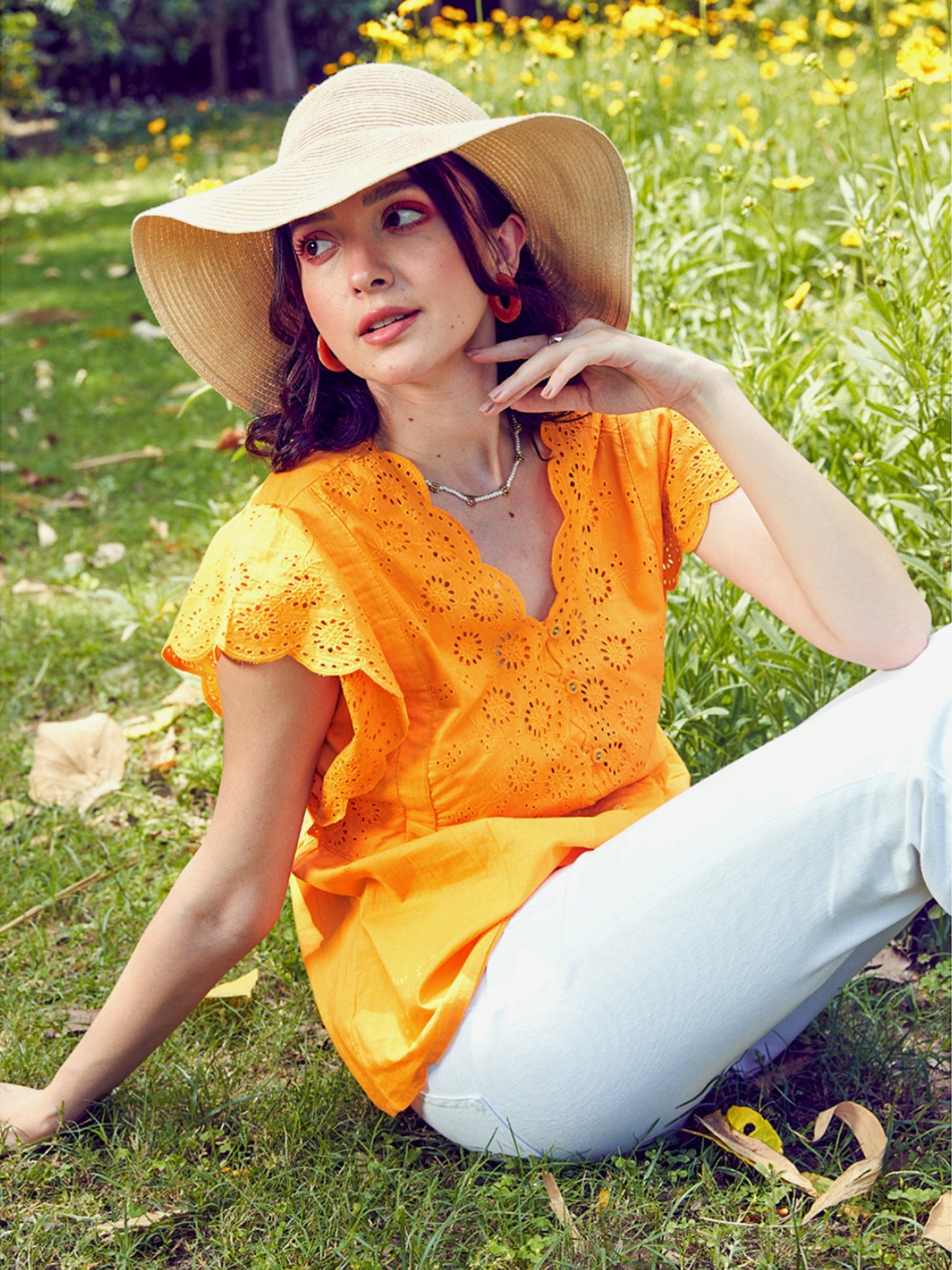 Women Mustard Schiffli V-Neck Top