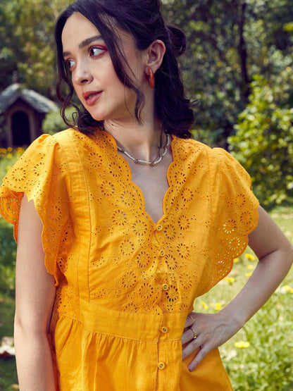 Women Mustard Schiffli V-Neck Top