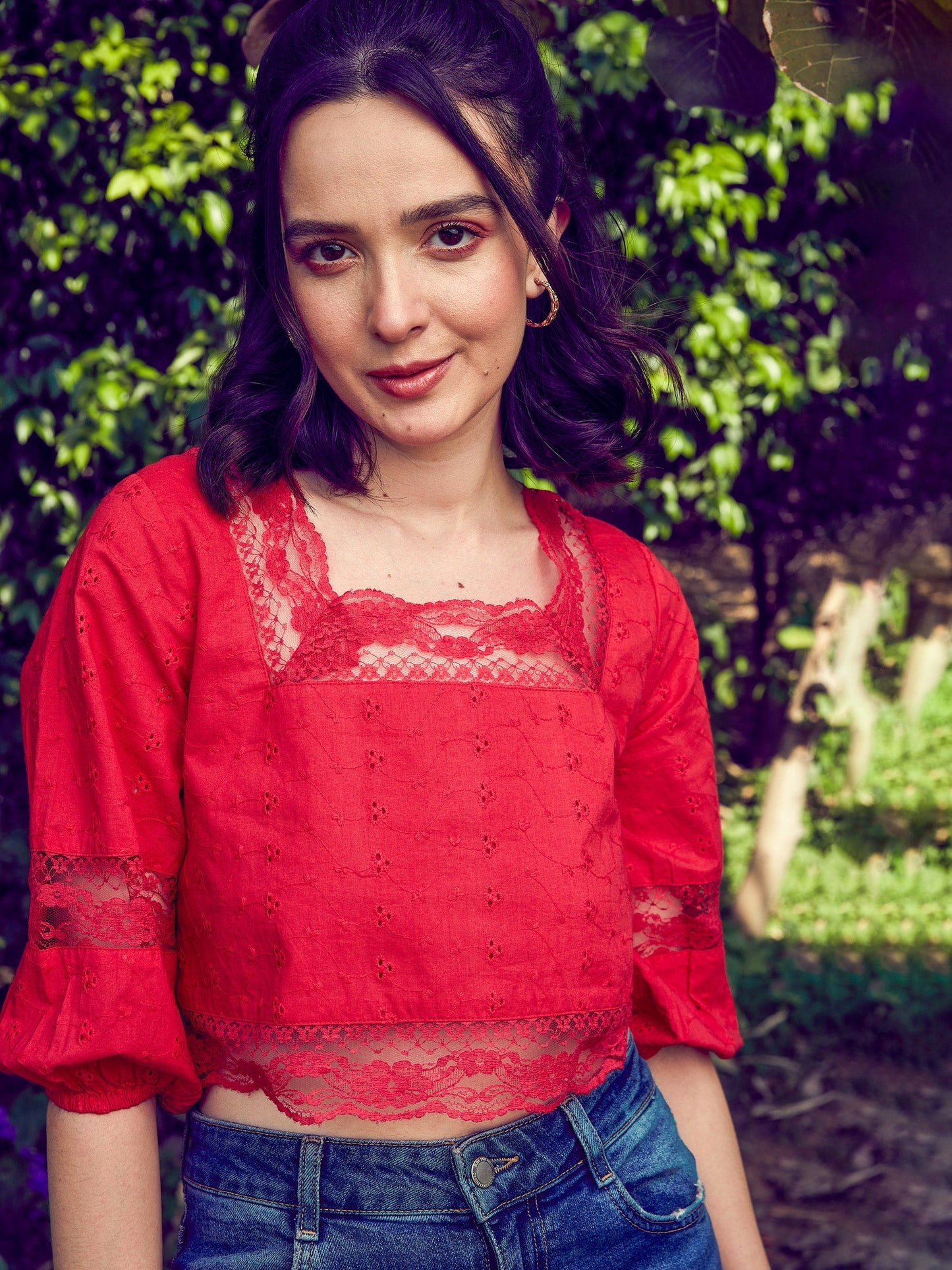 Red Schiffli Square Neck Crop Top