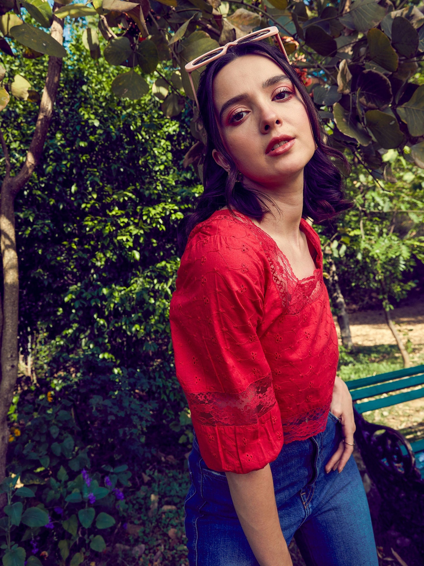 Red Schiffli Square Neck Crop Top