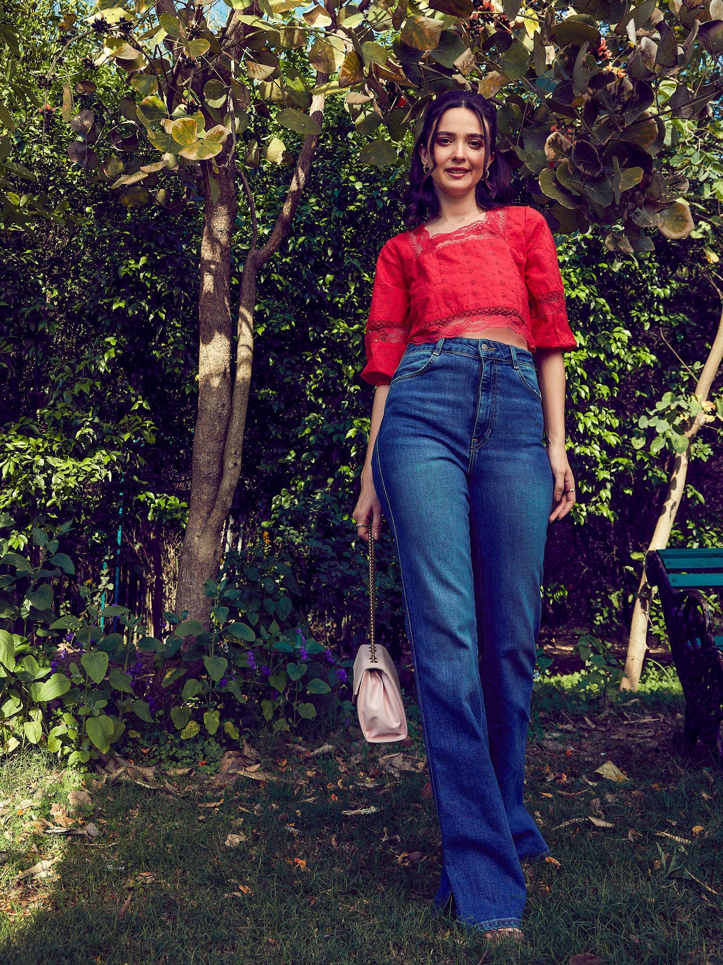 Red Schiffli Square Neck Crop Top