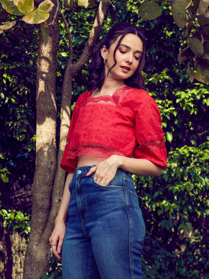 Red Schiffli Square Neck Crop Top