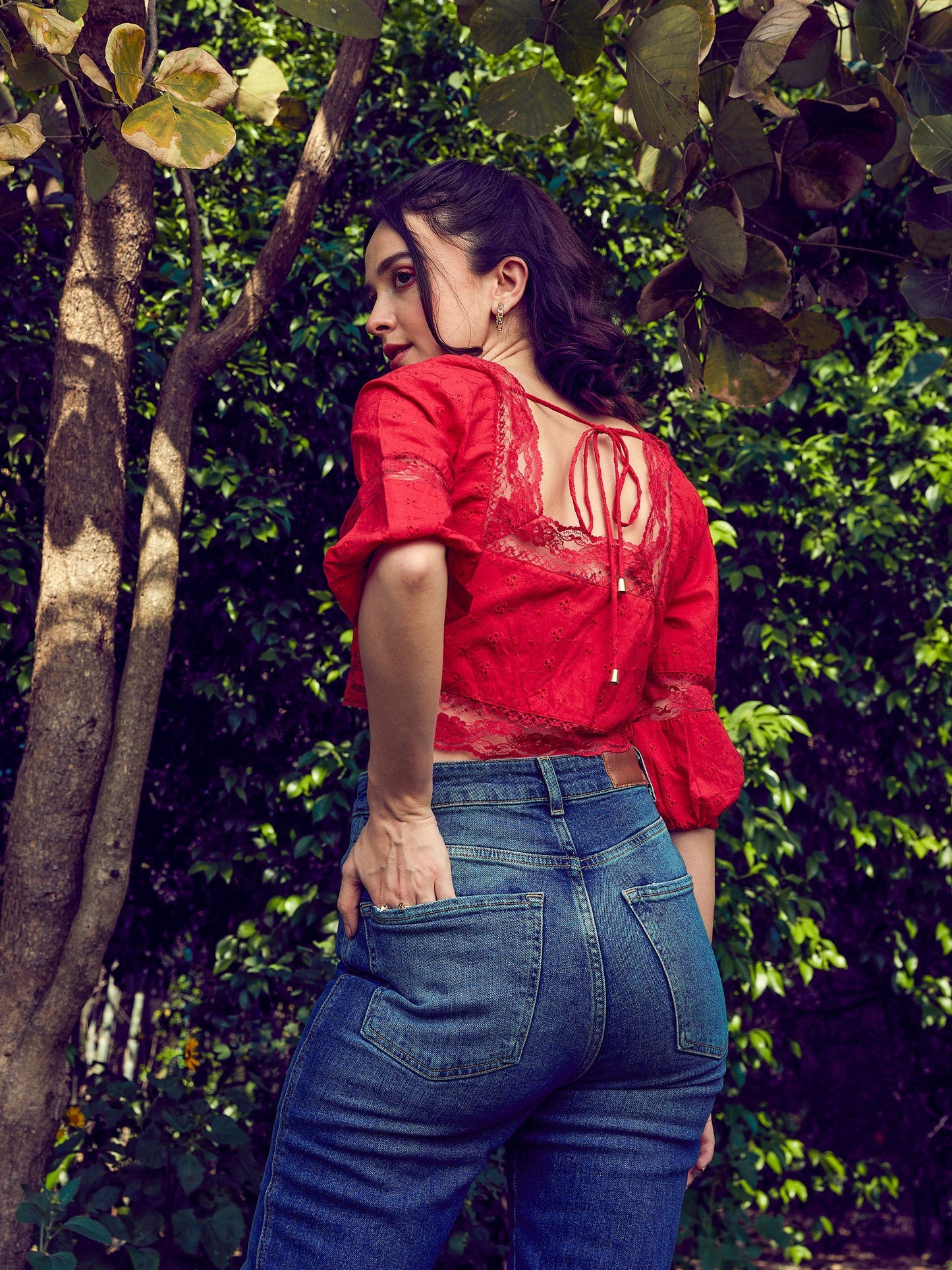 Red Schiffli Square Neck Crop Top
