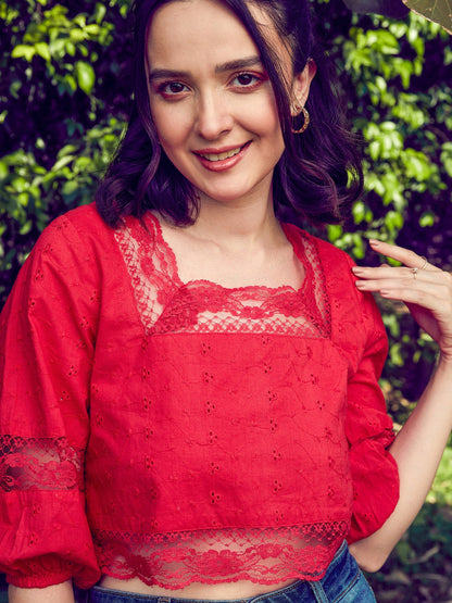 Red Schiffli Square Neck Crop Top