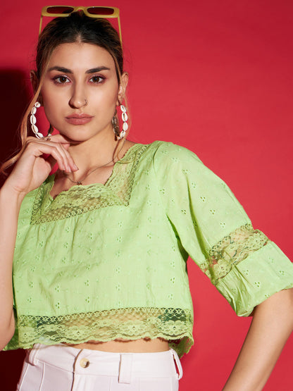 Lime Green Schiffli Square Neck Crop Top