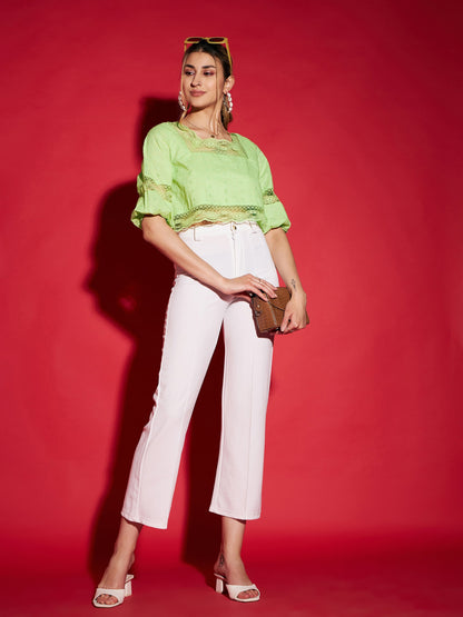 Lime Green Schiffli Square Neck Crop Top
