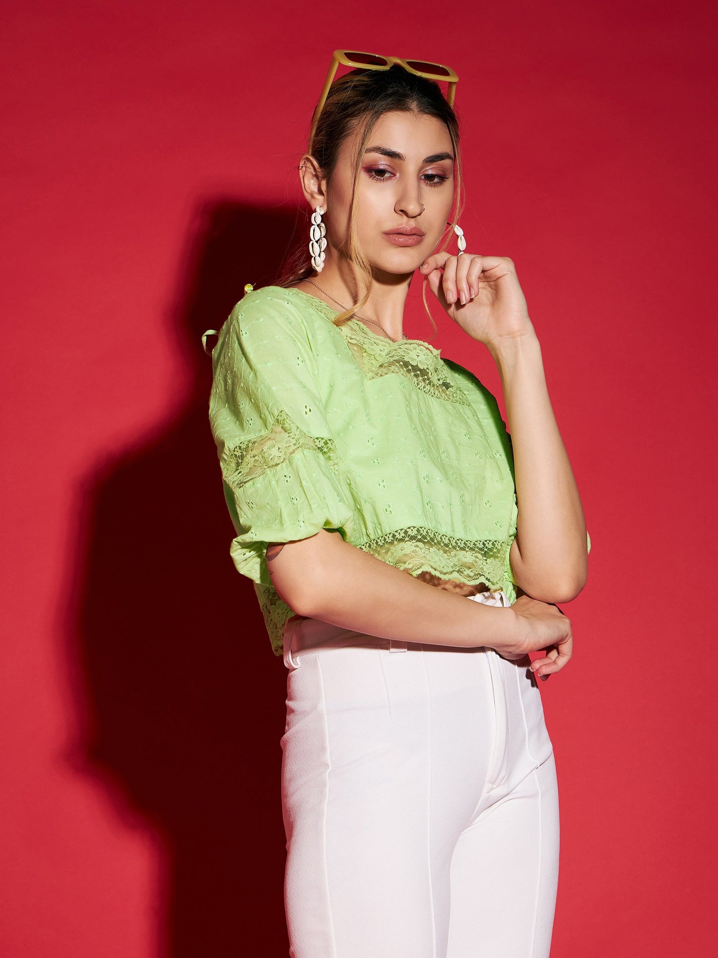 Lime Green Schiffli Square Neck Crop Top