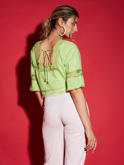 Lime Green Schiffli Square Neck Crop Top
