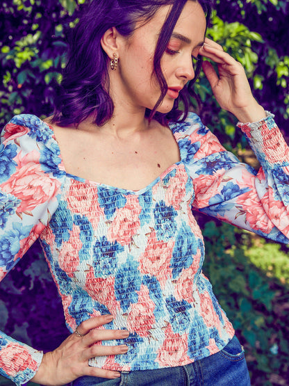 Blue Floral Smoked Top