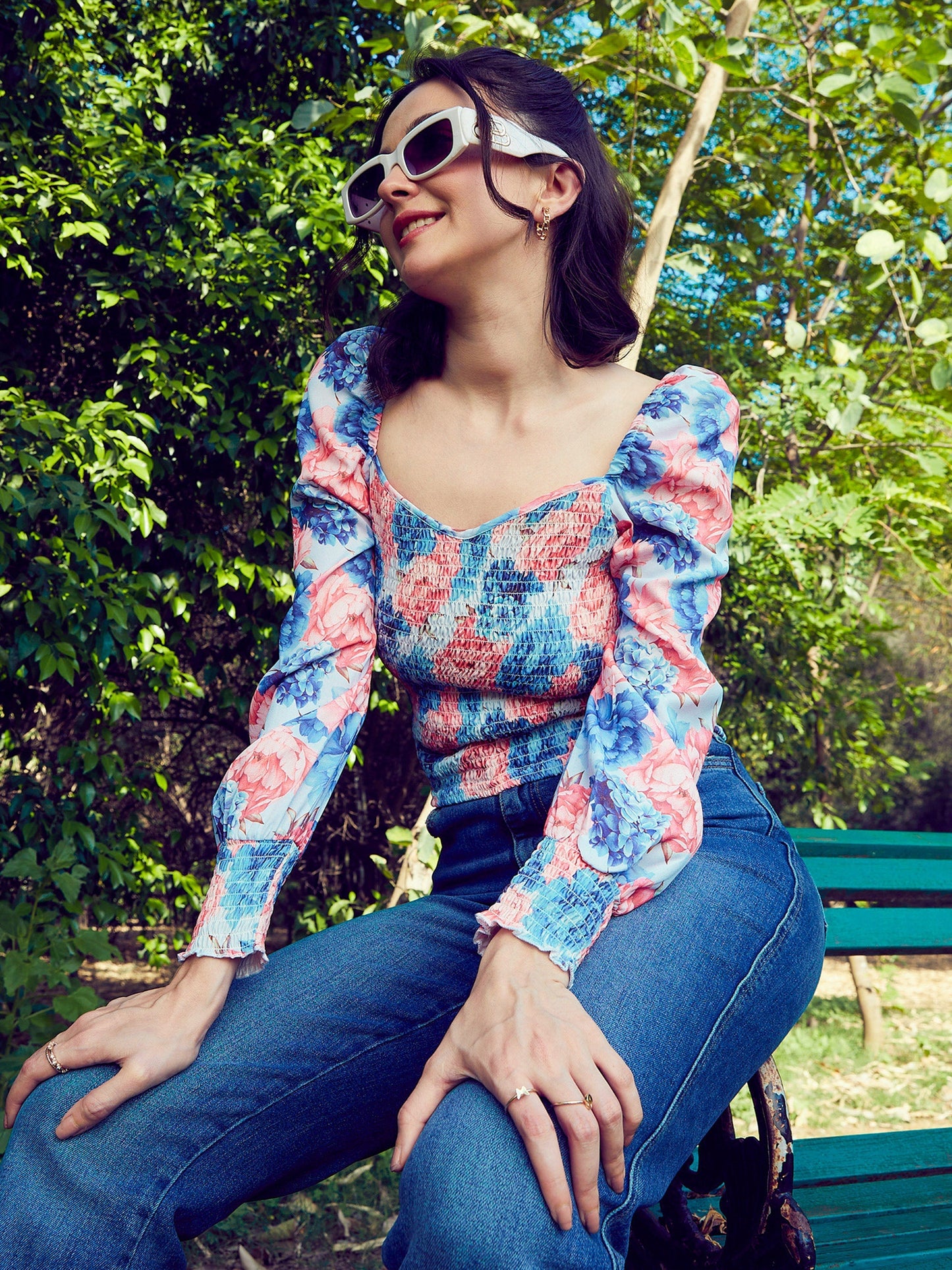 Blue Floral Smoked Top